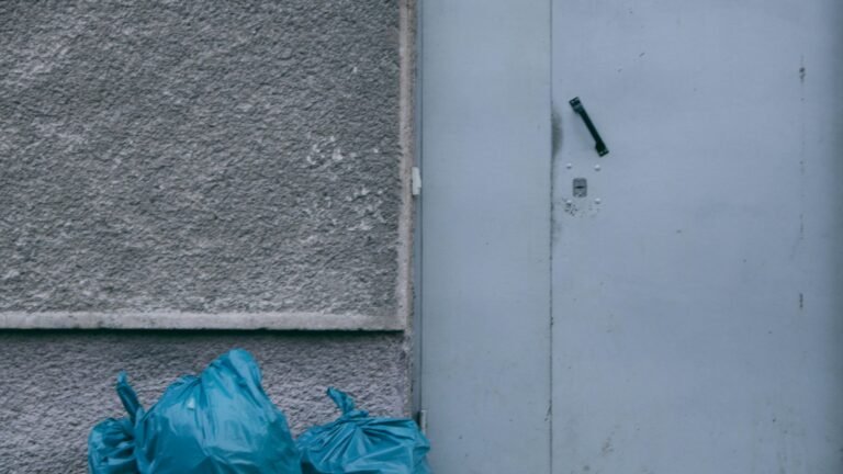A white door with bags next to it