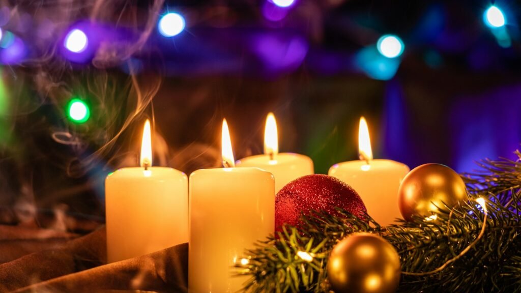 White candles on a wooden table