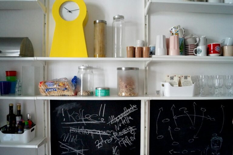 Shelf at home with jars, bottles and everyday supplies