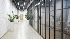 White office hallway with glass windows