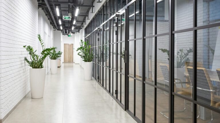 White office hallway with glass windows
